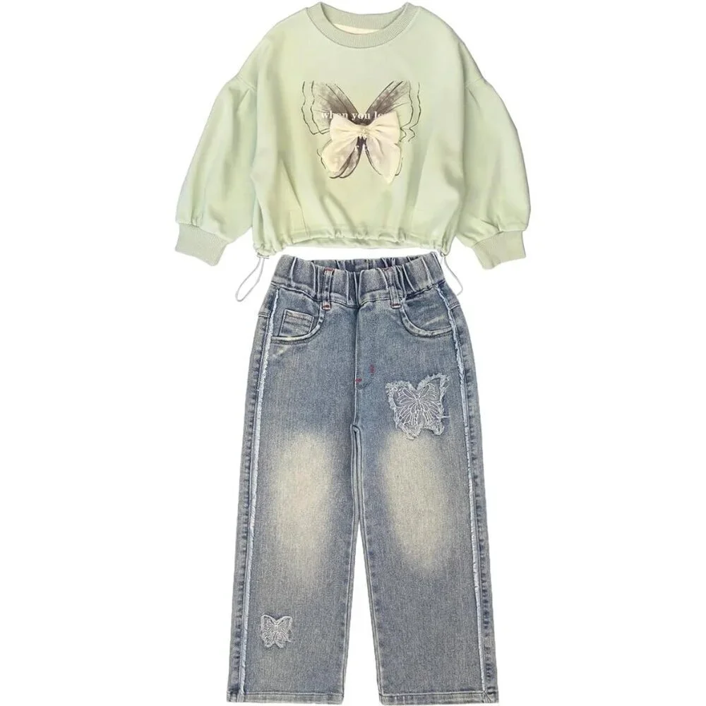 4Y-10Y Spring Fall Little Big Girls T Shirt and Jeans 2pcs Clothing Sets